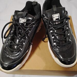 Fila Black Patent Leather Platform Sneakers with White Soles